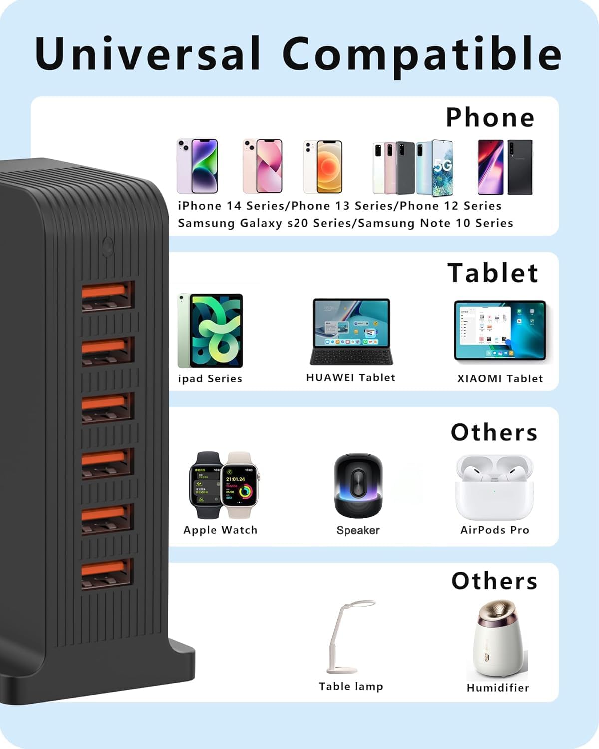 Detalle 2 de ADRICY CT-1250 6-Port USB Charging Tower, Black Plastic