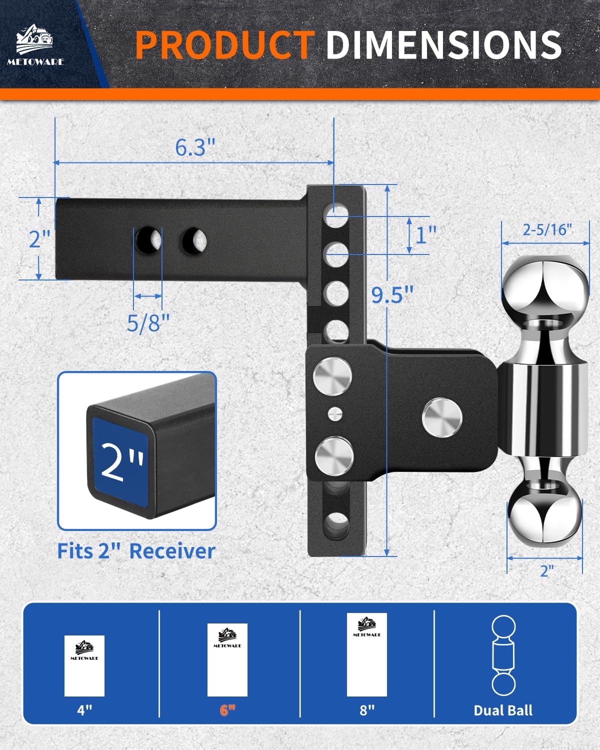 Detalle de METOWARE Adjustable Trailer Hitch with Dual Ball and 6-Inch Drop/Rise for 2-Inch Receivers