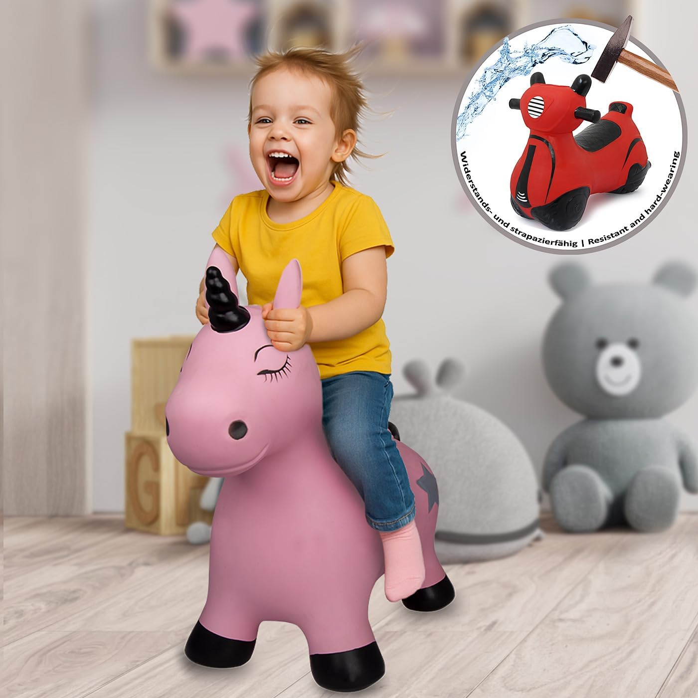 Detalle 2 de JAMARA 460453 Hüpftier Einhorn HoppyDoo – hüpfender Spielspaß mit Pumpe für Kinder ab 12 Monaten