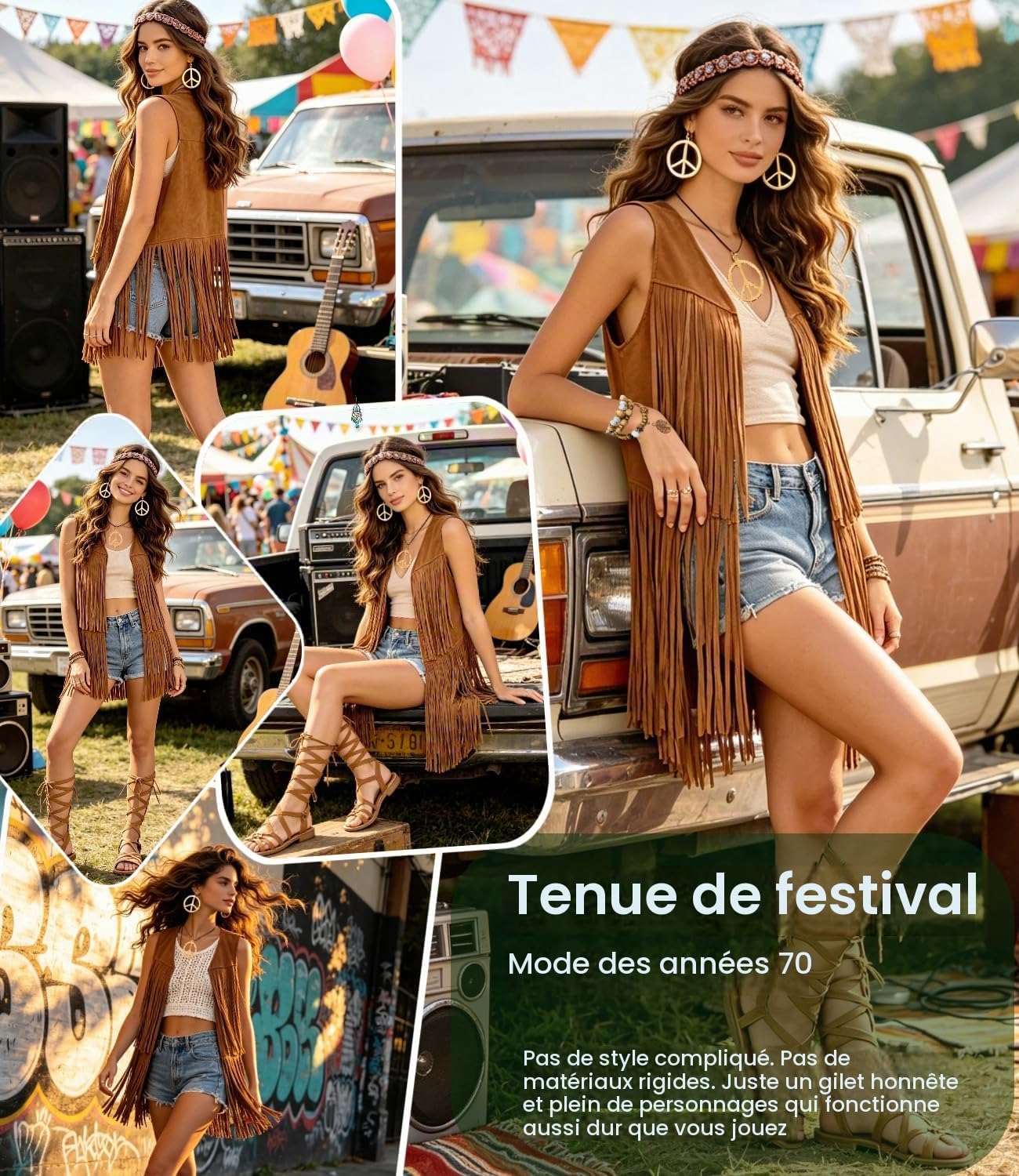 Detalle 2 de Hippiekostuum voor dames met vest met franjes en accessoires