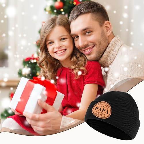 Detalle de Merclix Bonnet Noir Tricoté avec étiquette cuir – cadeau idéal pour papa