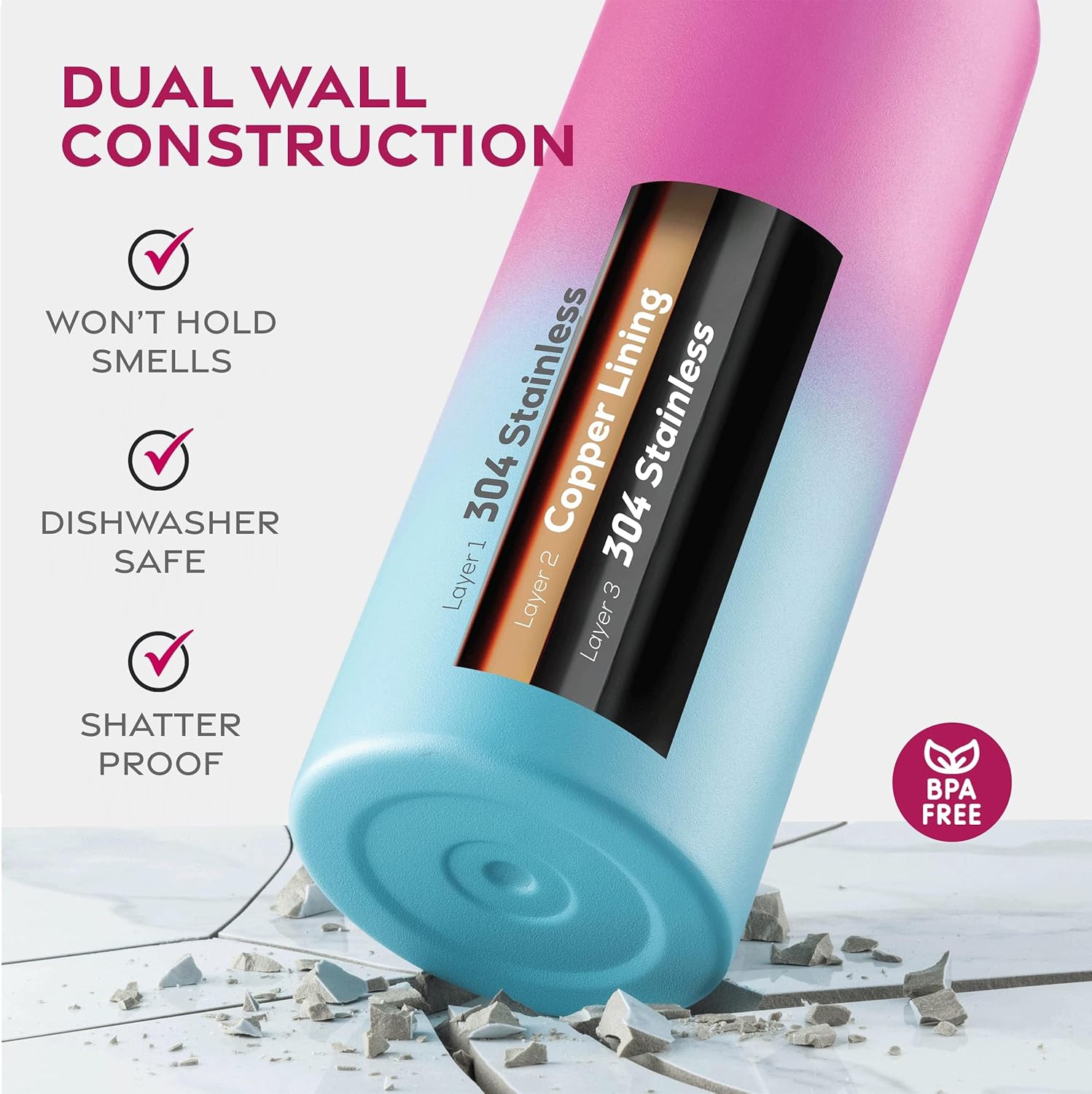 Thumbnail 4 de Triple-Walled Insulated Stainless Steel Water Bottle with Straw (1888ml) and 3 Leak-Proof Lids – Pacific Blue Rose Blend