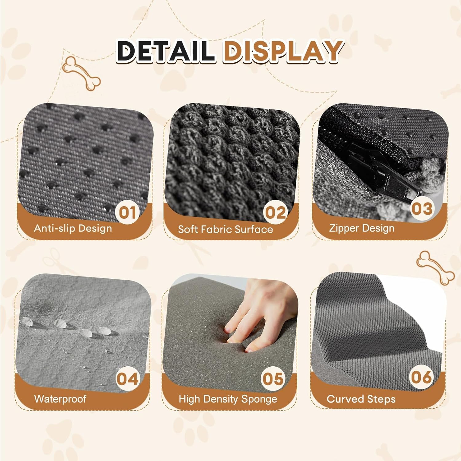 Detalle 2 de ROMROL 3-Step Dog Stairs for Small Dogs – Non-Slip Ramp with High-Density Foam (58x38x38cm) in Grey