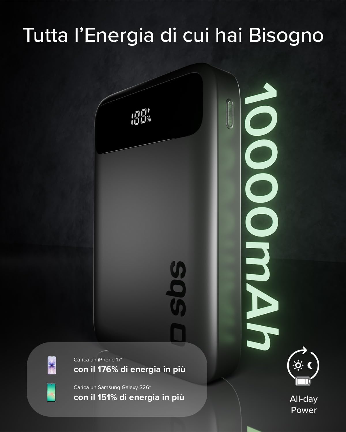 Detalle de SBS Compact PowerBank 10000mAh 20W PD 3.0 PPS, AFC, Display LCD, USB-C e USB-A, nero