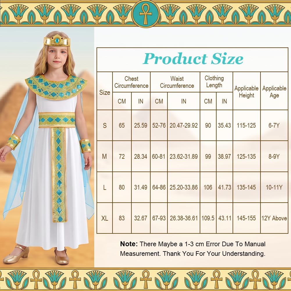 Detalle de AUYAO Egyptisch Cleopatra-kostuum voor meisjes, 6-delig, wit polyester