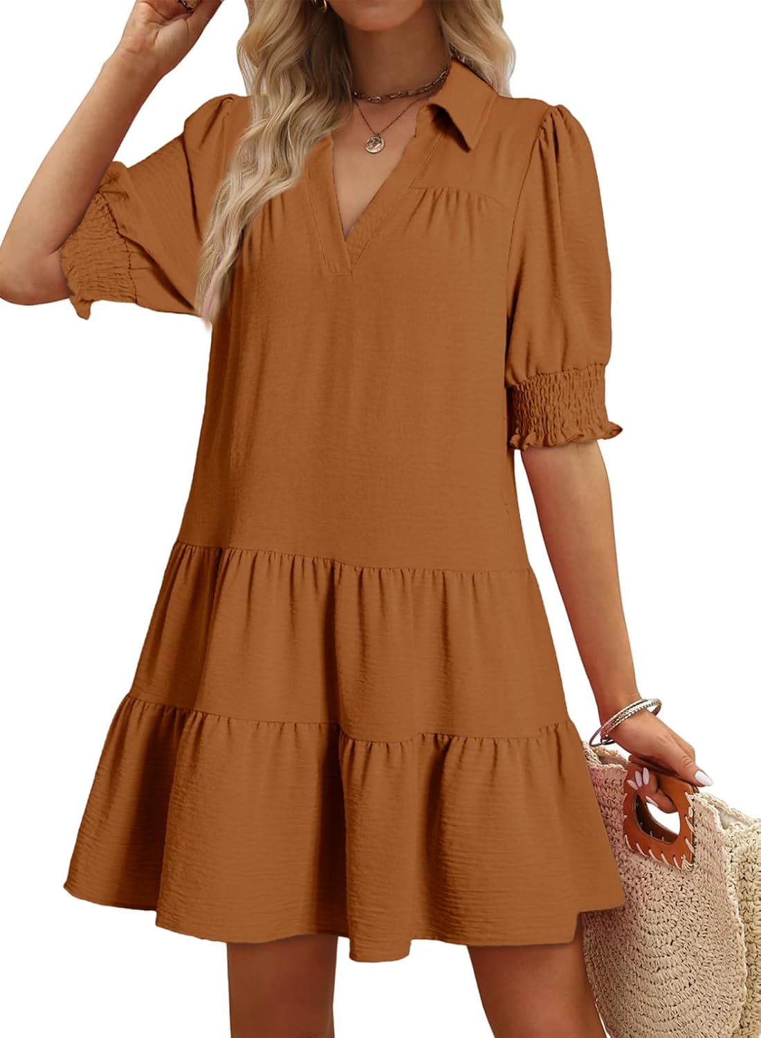 Thumbnail 5 de Dokotoo Casual Dresses for Women: Lapel Collared V Neck Mid Sleeve Pleated Midi Dress