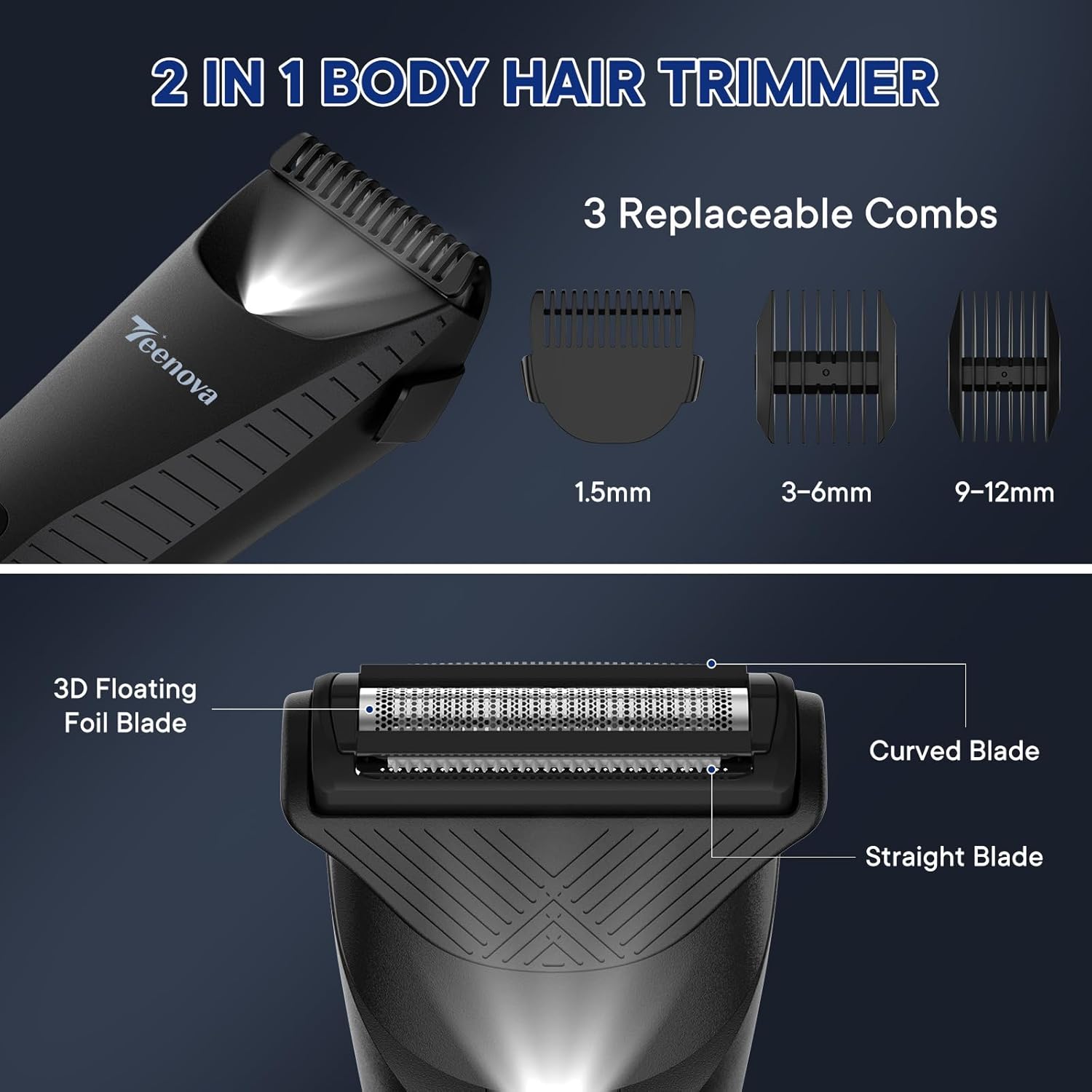 Detalle de TEENOVA Pubic & Body Hair Trimmer for Men — 2-in-1 Electric Ball Groin Shaver with Ceramic Blade