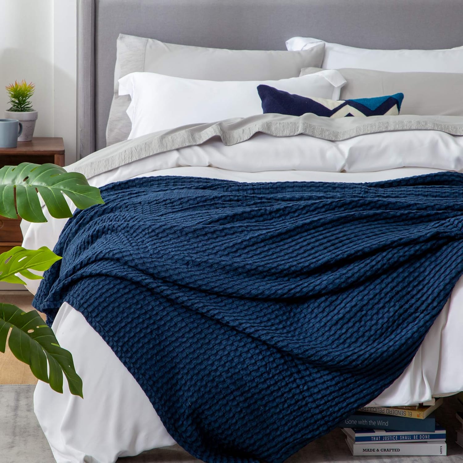 Detalle de Bedsure Cooling Waffle Blanket, Twin XL Navy, Cotton and Bamboo-Derived Rayon
