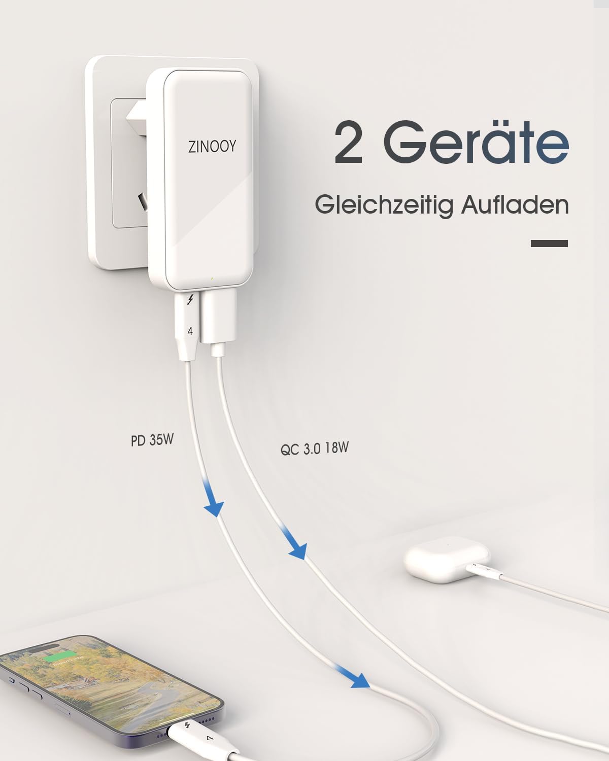 Thumbnail 5 de ZINOOY 35W Dual-Port Ladegerät – kompaktes USB-C/USB-A Schnellladen für unterwegs, Zuhause und Büro