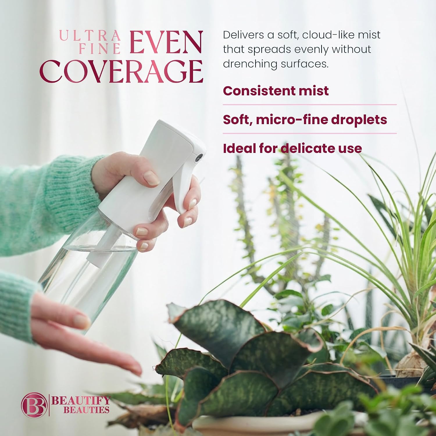 Detalle de BeautifyBeauties Continuous Mist Spray Bottle (10.1 Ounce) for Hair, Plants, Cleaning & More