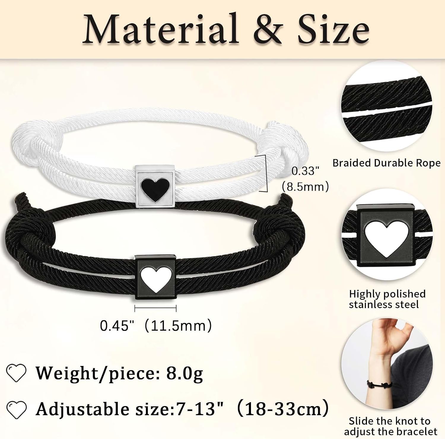 Detalle de Valentin Geschenk Frau – Pärchen Armbänder | Verstellbares Rope-Armband-Duo mit Herz Anhänger
