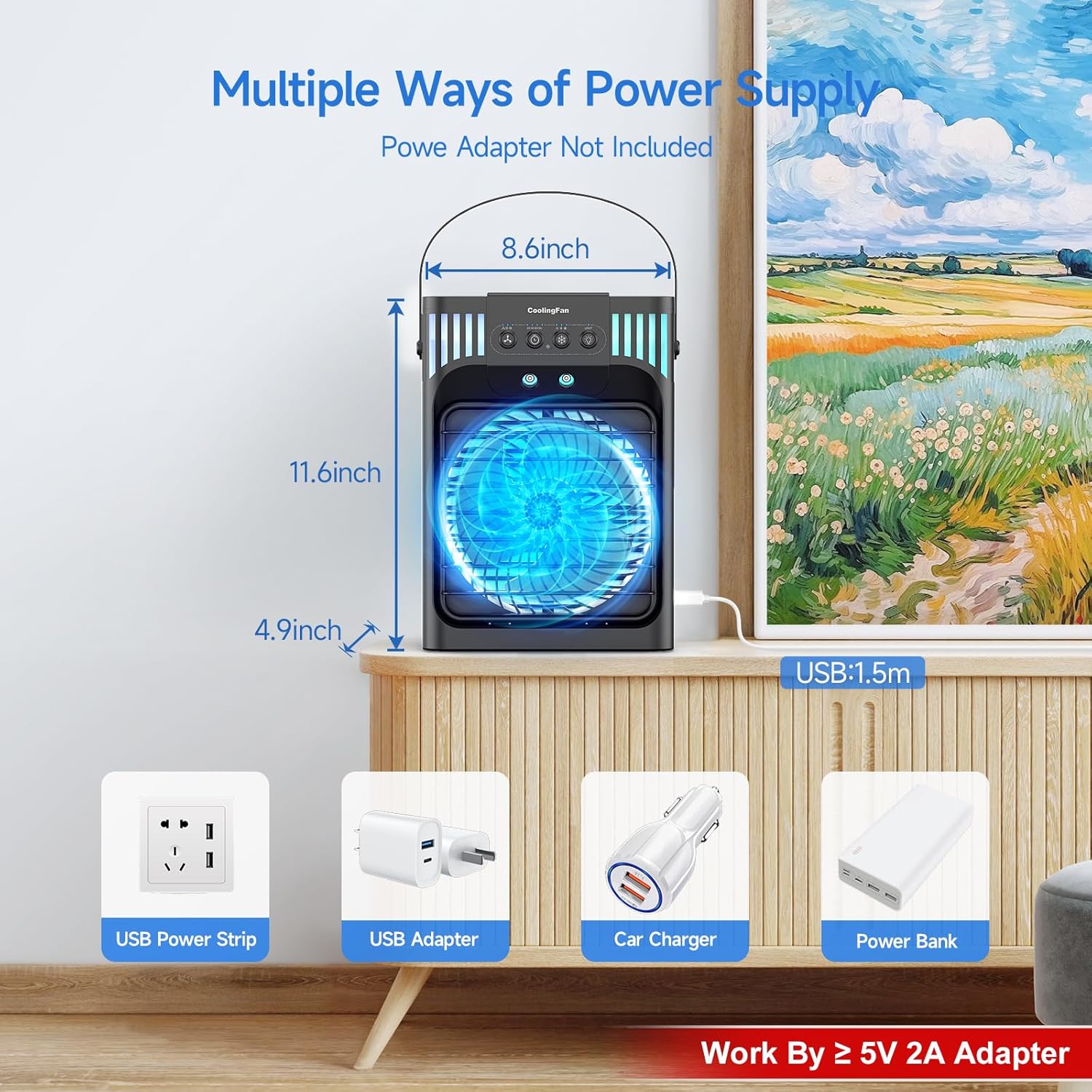 Detalle de Portable Air Conditioner Cooling Fan with Remote – 1200ml Mini Cooler, 3 Speed Settings, Mist Function and LED Night Light