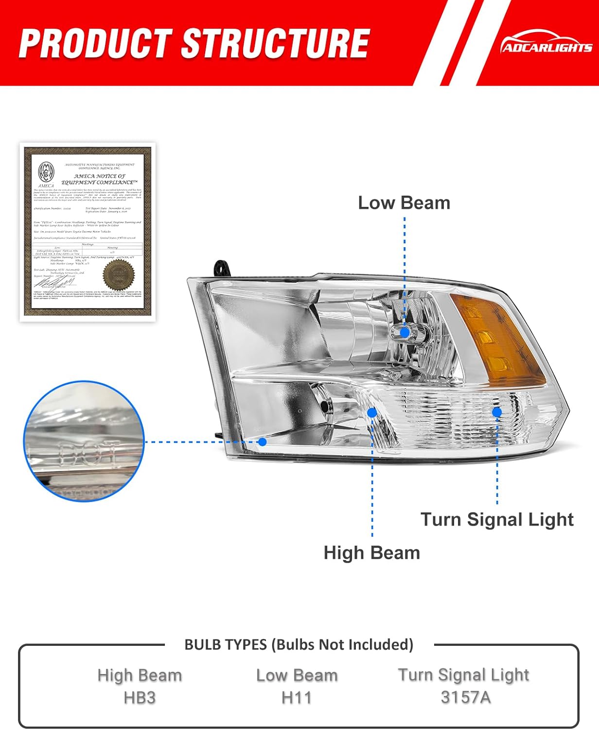 Thumbnail 3 de ADCARLIGHTS Headlight Assembly Replacement for 2010–2018 Dodge Ram (Chrome Housing, Amber Reflector)