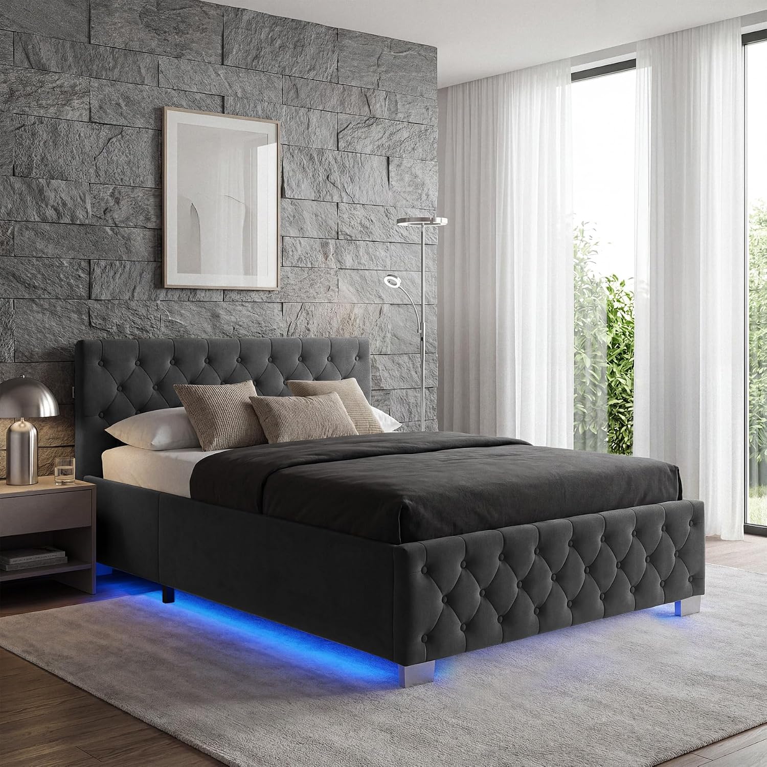 Detalle de tectake 406480 kontinentalsäng 140x200 med förvaring, madrass och LED