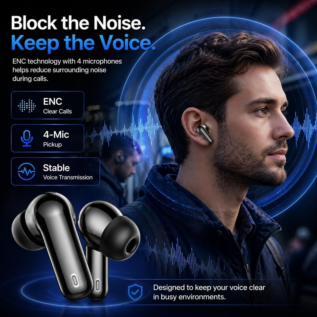 Detalle de Wireless Earbuds (Bluetooth 5.4) with 4 ENC Mic, 36H Playtime, Noise Cancelling In-Ear & IP7 Waterproof