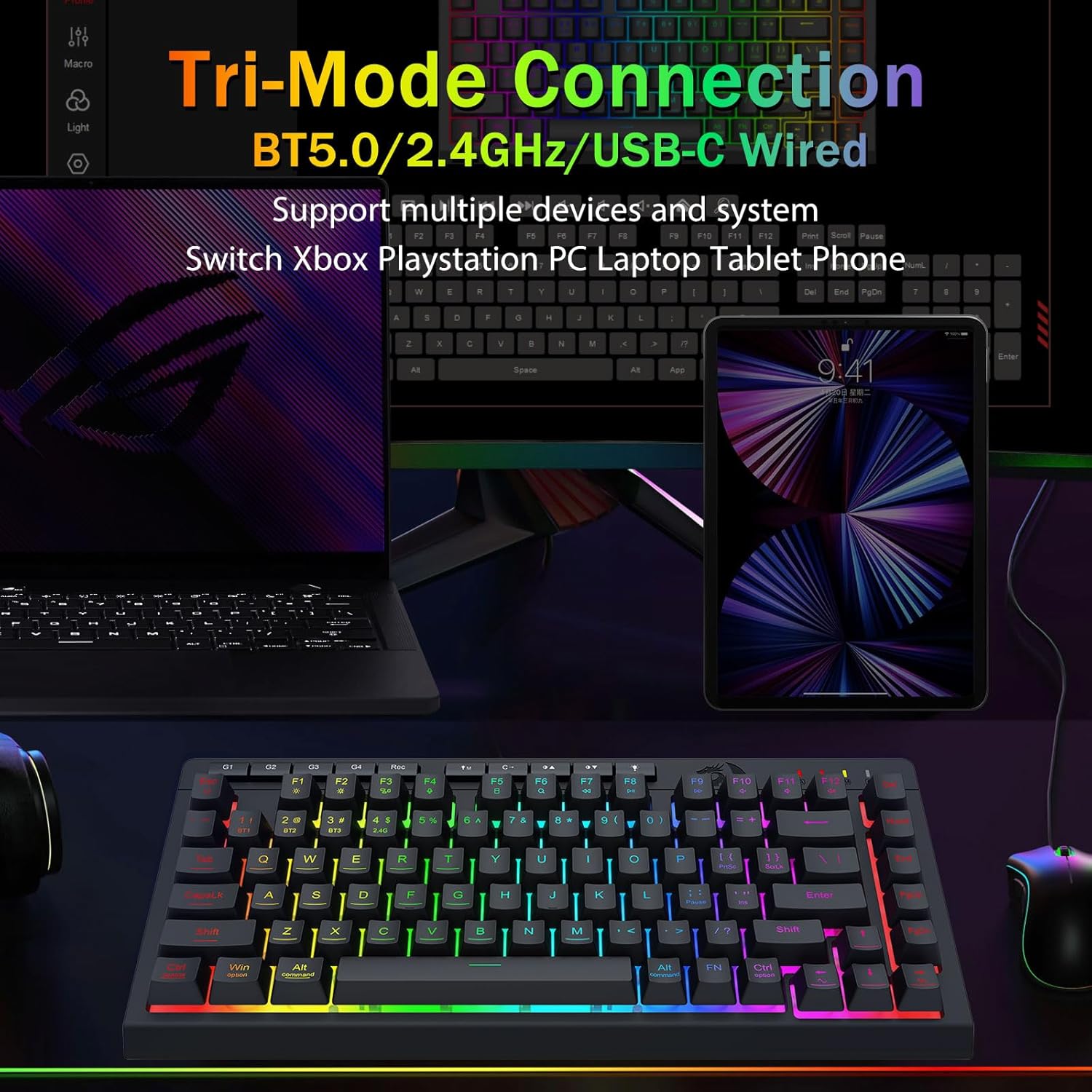 Thumbnail 2 de Redragon Wireless Gaming Keyboard (75% Tri-Mode) Bluetooth/2.4GHz/USB-C, RGB Macro Keys, Anti-Ghosting