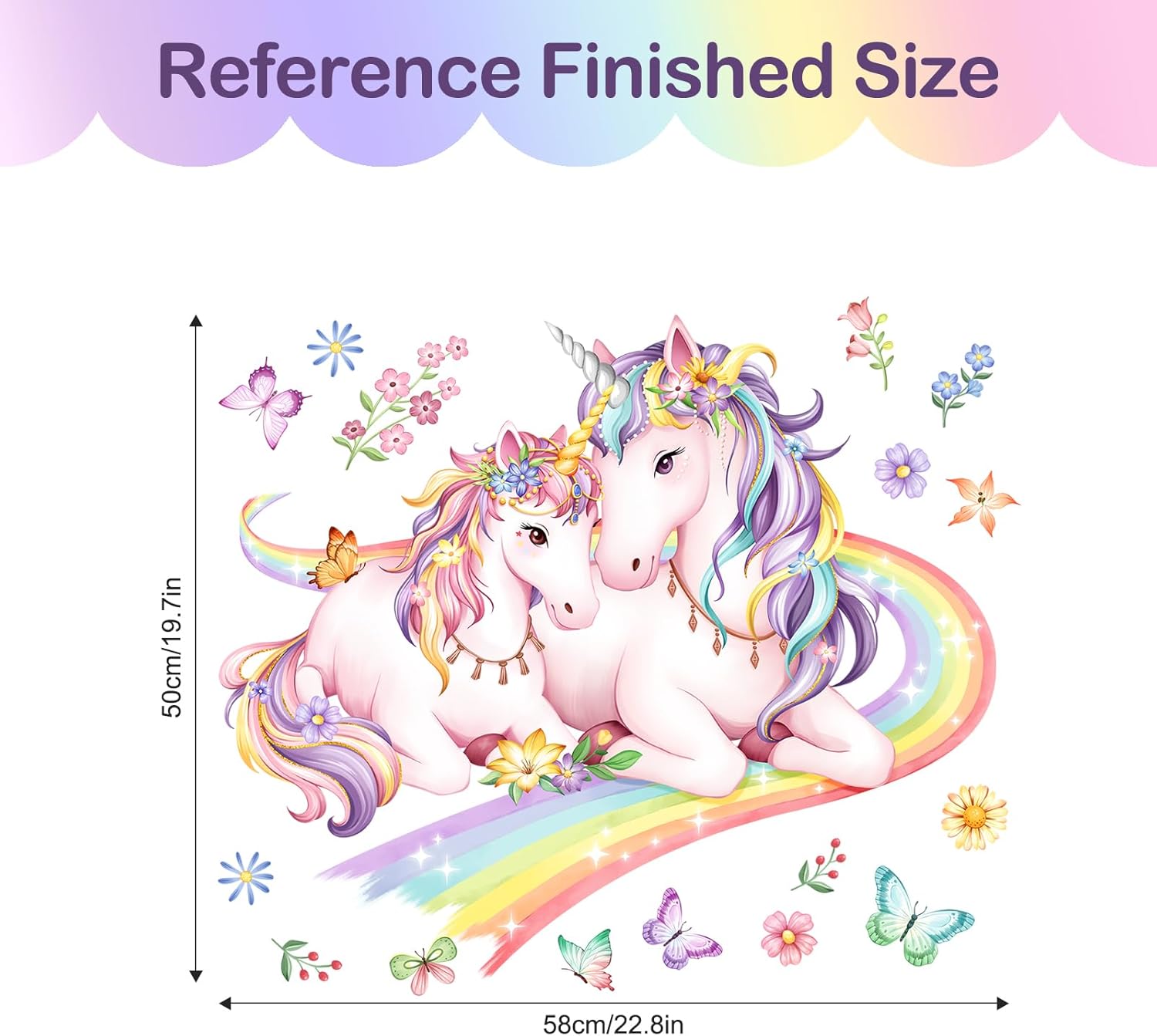 Detalle 2 de Tanlaby Einhorn Wandtattoo Regenbogen Groß – Rosa Pony & Blumen Sprites als Wandaufkleber