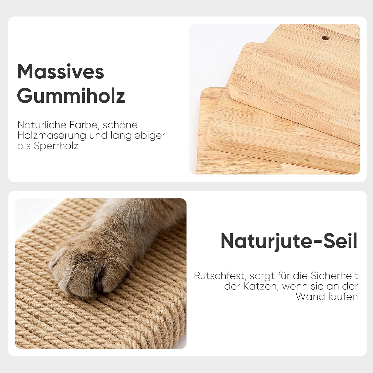 Detalle 2 de FUKUMARU Wandregal für Katzen – 4-stufige Wandkatzentreppe aus Massivholz mit Juteschnur (66 cm)