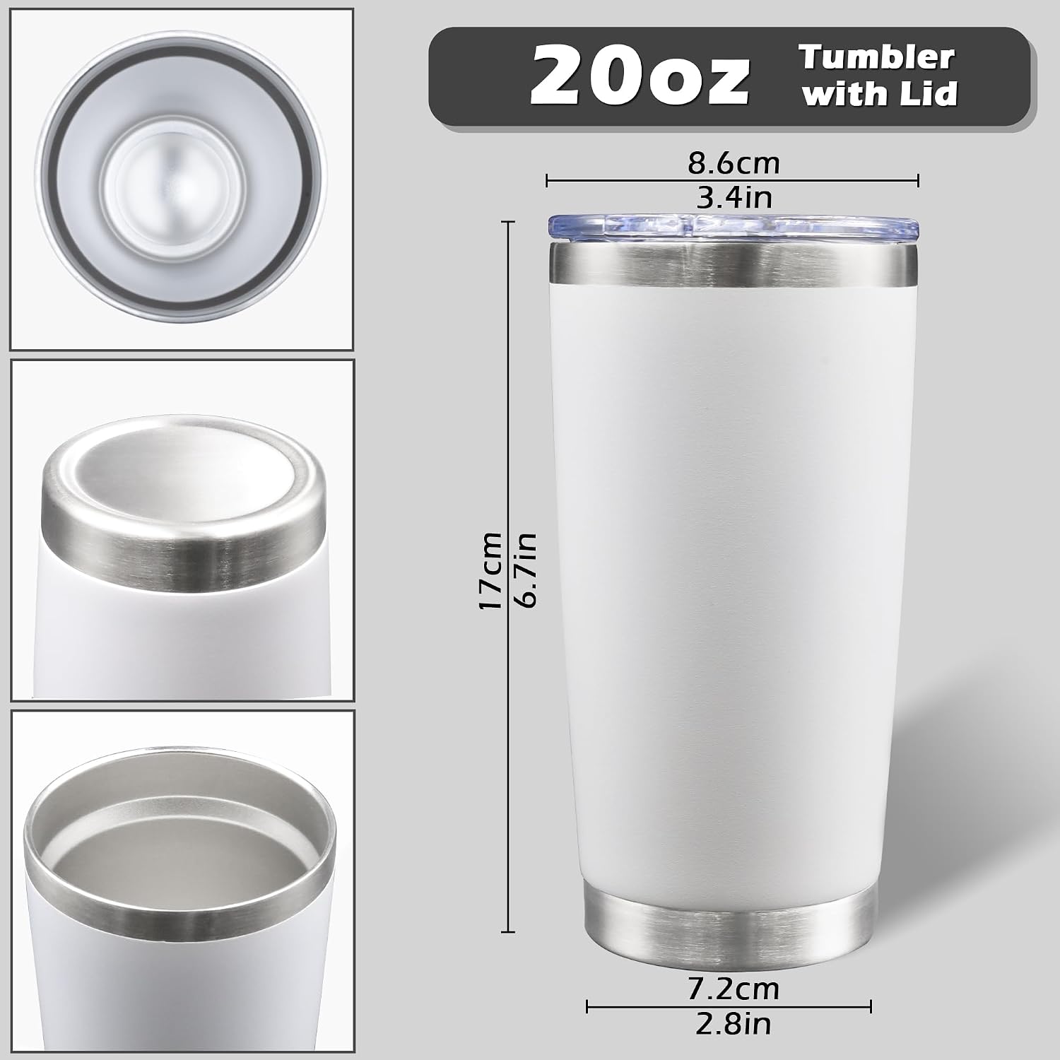 Detalle de AIANJI 20oz Stainless Steel Vacuum Insulated Tumblers (White, 6-Pack) with No BPA Sliding Lid