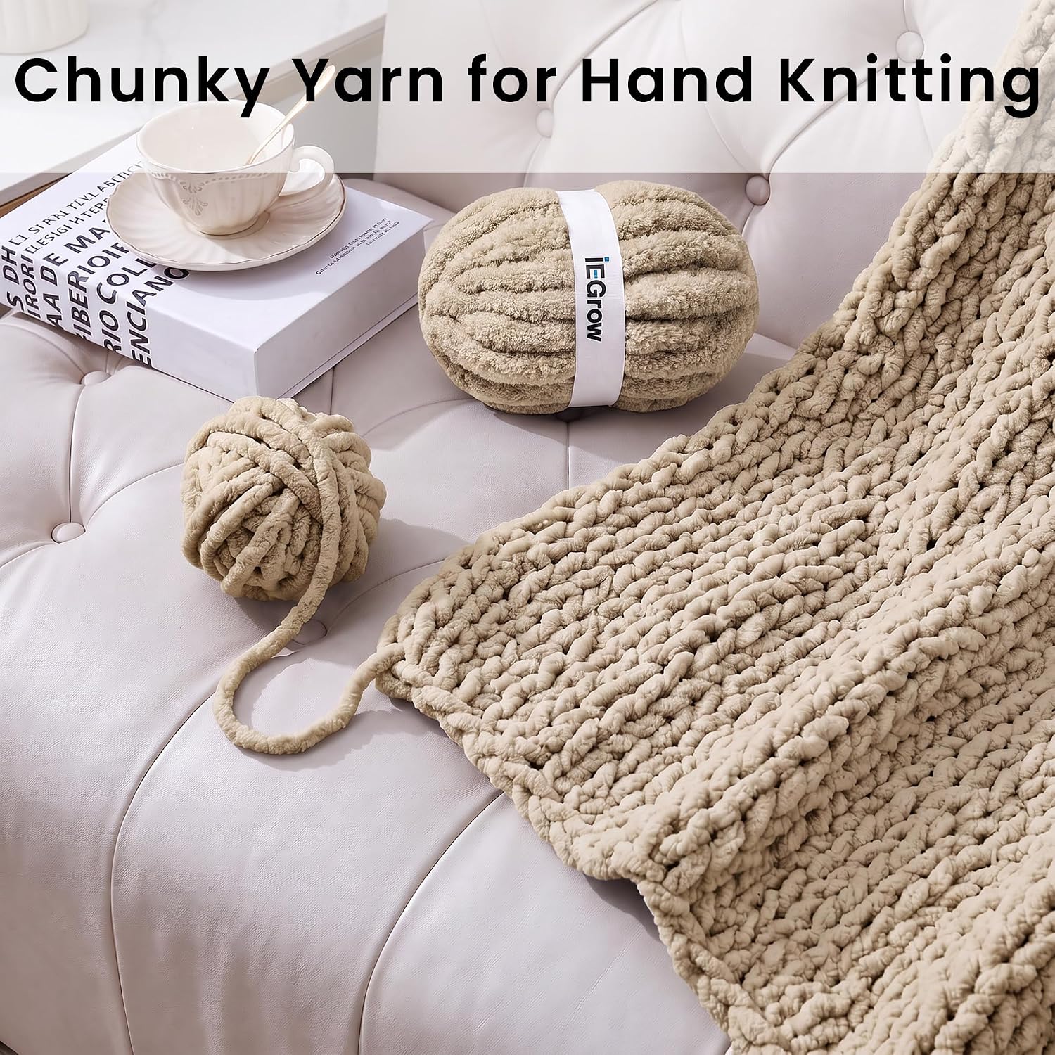 Detalle de iEGrow #10 Chunky Chenille Yarn, 8 Skeins, Khaki, 1-Inch Thick