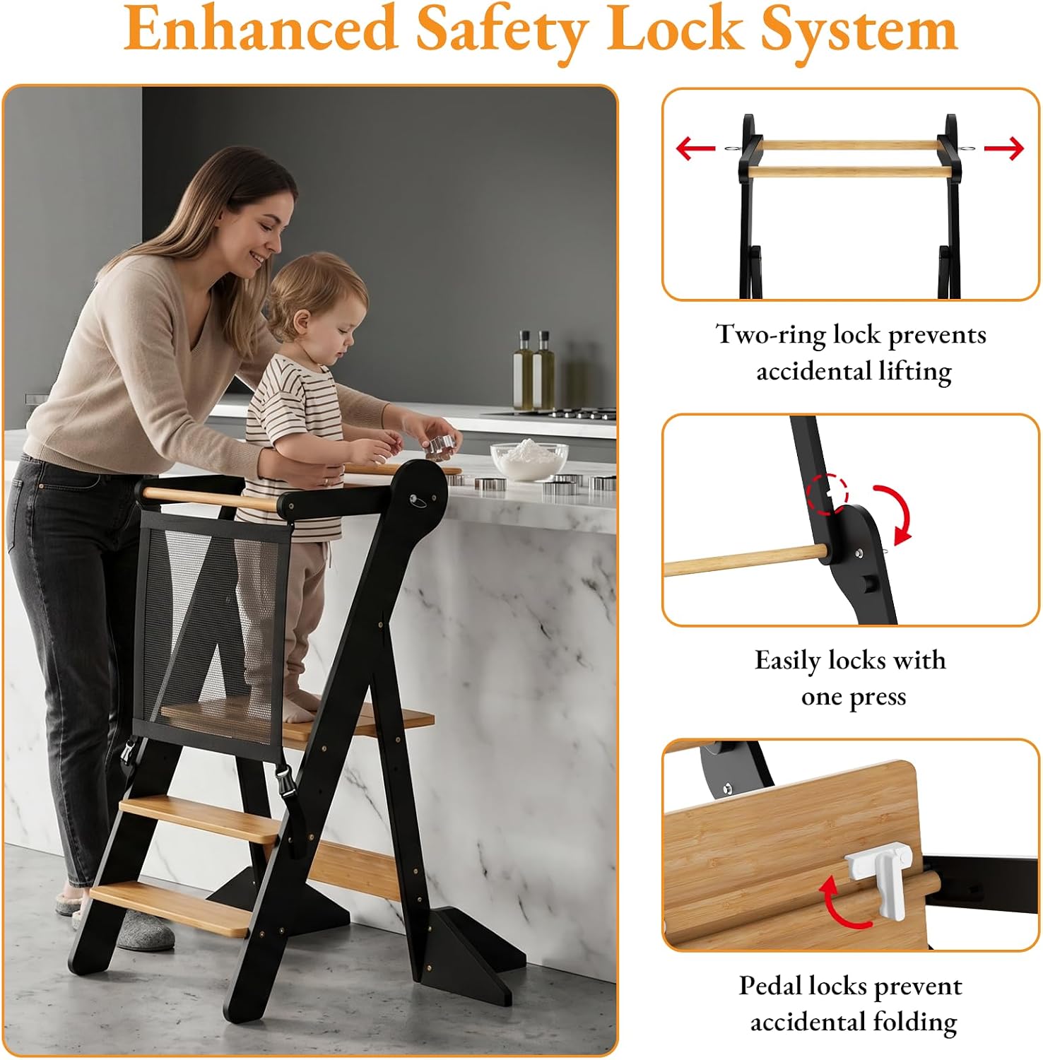 Thumbnail 3 de COSYLAND Foldable Toddler Standing Tower with Adjustable Height and Safety Net, Ages 18 Months–6 Years