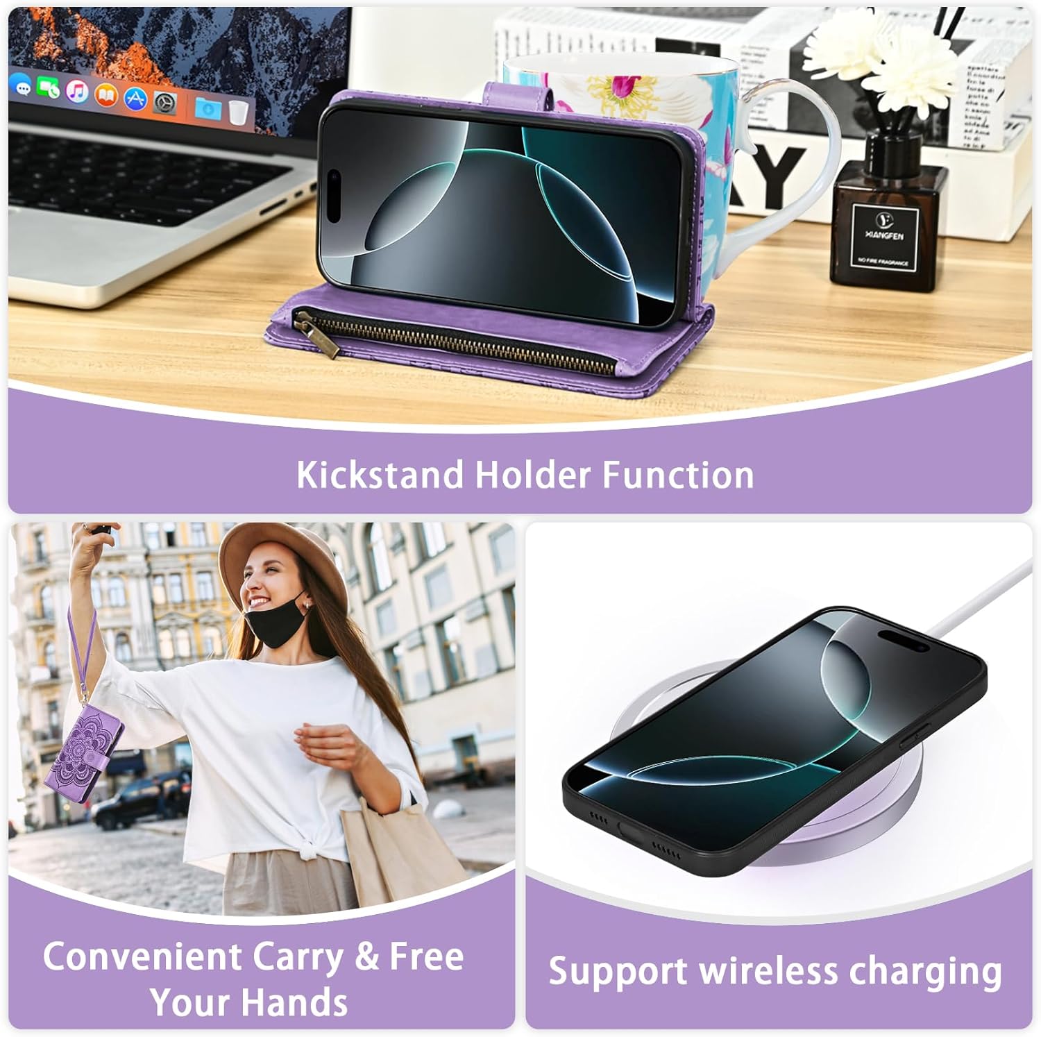 Thumbnail 5 de Asuwish Wallet Case for iPhone 17 Pro (6.3 inch) with Zipper, Detachable Straps and Tempered Glass Screen Protector