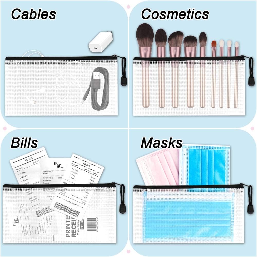 Detalle 2 de A6 Mesh Pencil Pouch Zipper File Bags (12 Pack) – Clear PVC Waterproof Storage Wallets, Black