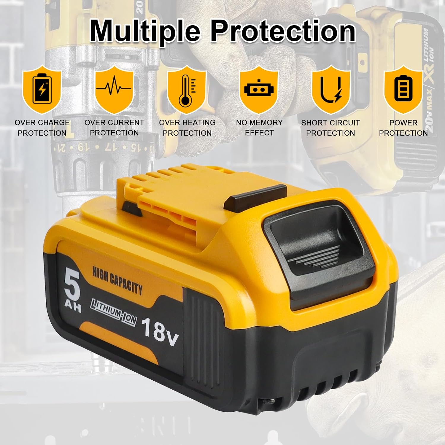 Thumbnail 3 de 2X Waitley Batterie 18V 5.0Ah – Compatible Dewalt DCB184, DCB180, DCB181, DCB182, DCB200, DCB201