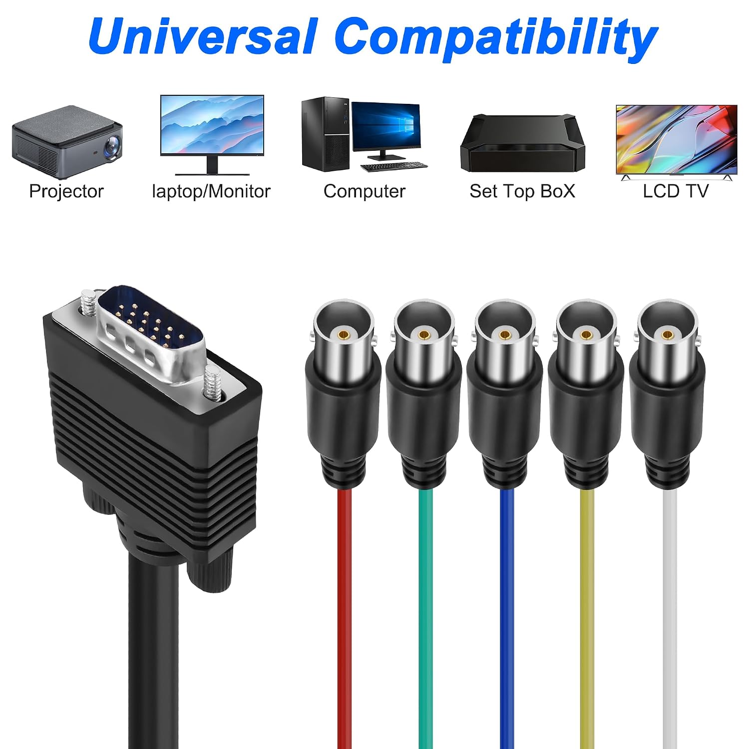 Detalle de XMSJSIY VGA to 5 BNC (RGBHV) Coaxial Monitor Extension Cable, 15Pin VGA Male to 5 BNC Female, 1.5m