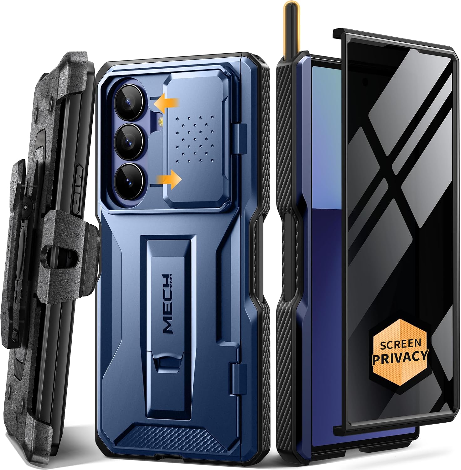Detalle de TONGATE for Galaxy Z Fold 7 Case with Stylus & Pen Holder, Privacy Screen Protector, Sliding Camera Cover, Belt Clip (Navy Blue)