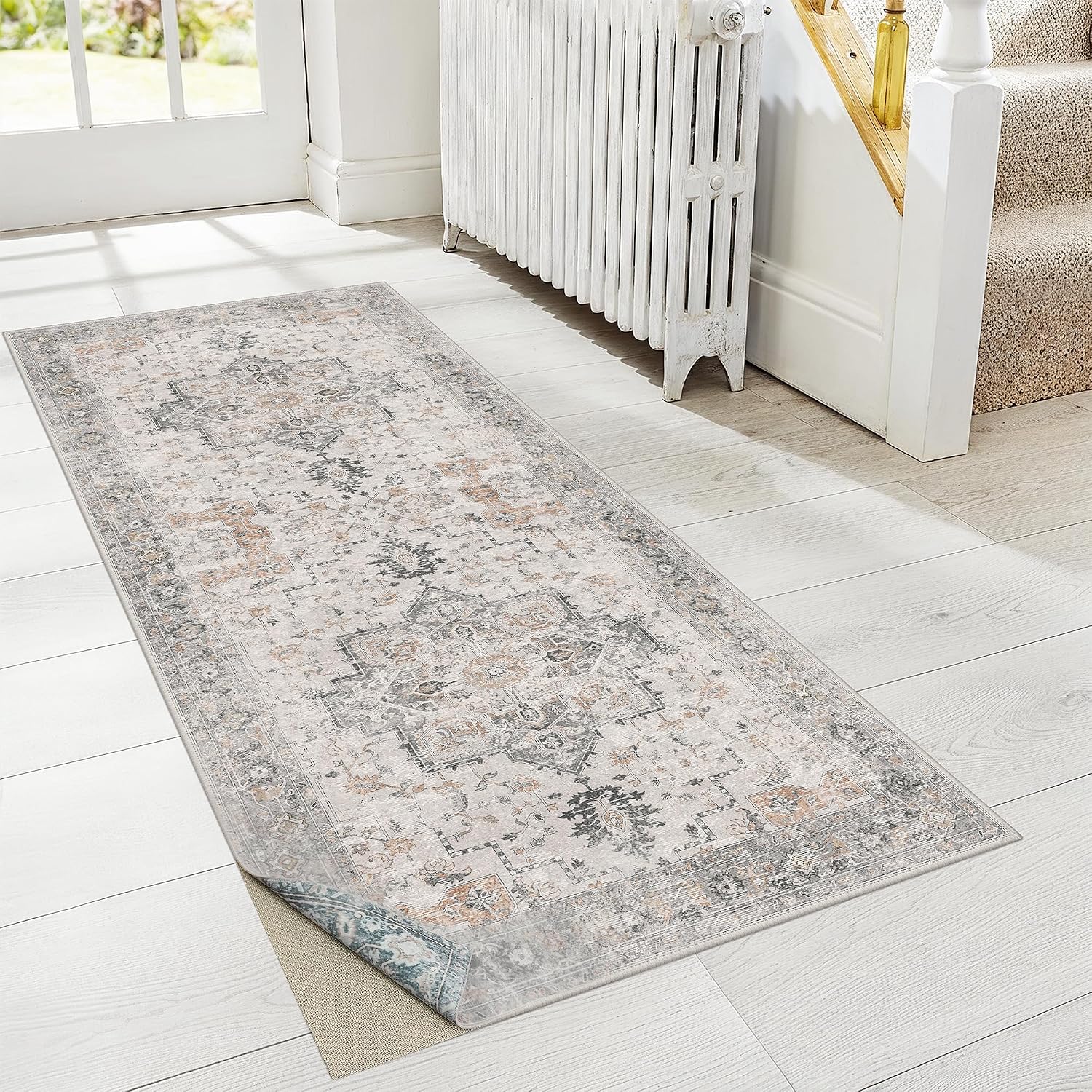 Detalle de GENIMO 2'6" x 6' Washable Runner Rug Non Slip for Hallway – Taupe Blue, Vintage Floral
