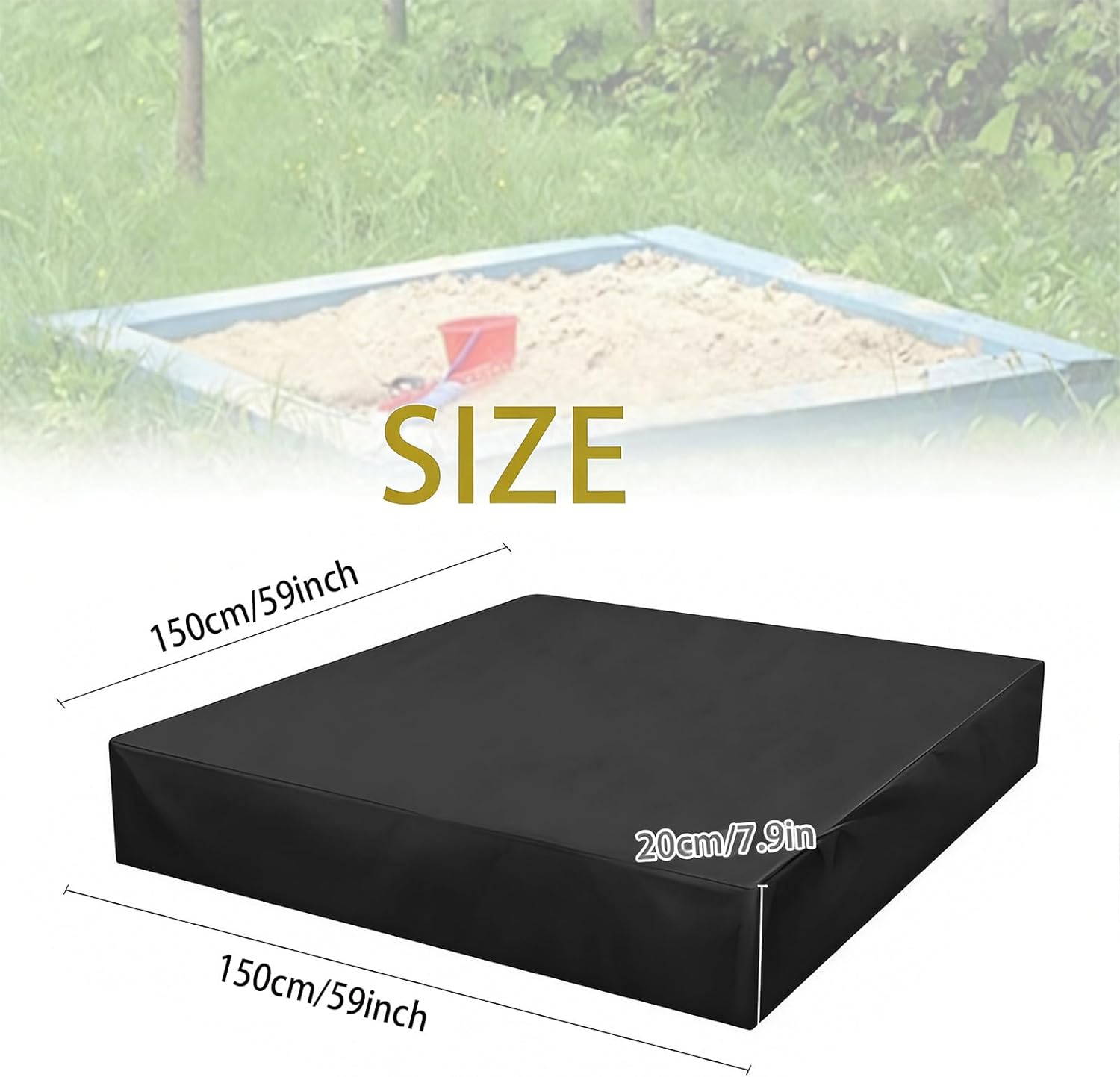 Thumbnail 6 de Sandkasten-Abdeckung wasserdicht aus 210D Oxford-Stoff (150 × 150 × 20 cm, schwarz) mit Kordelzug