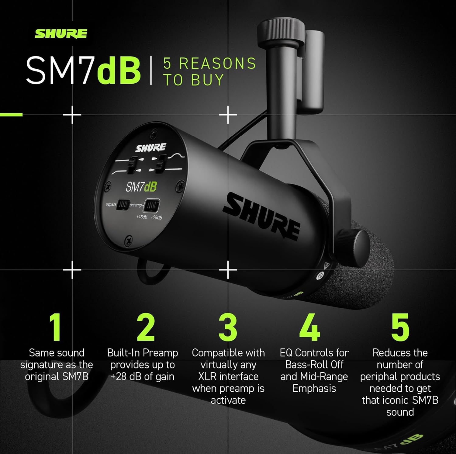 Thumbnail 3 de Shure SM7dB Dynamic Vocal Microphone with Built-in Preamp (XLR, Black) for Streaming, Podcasting, and Recording