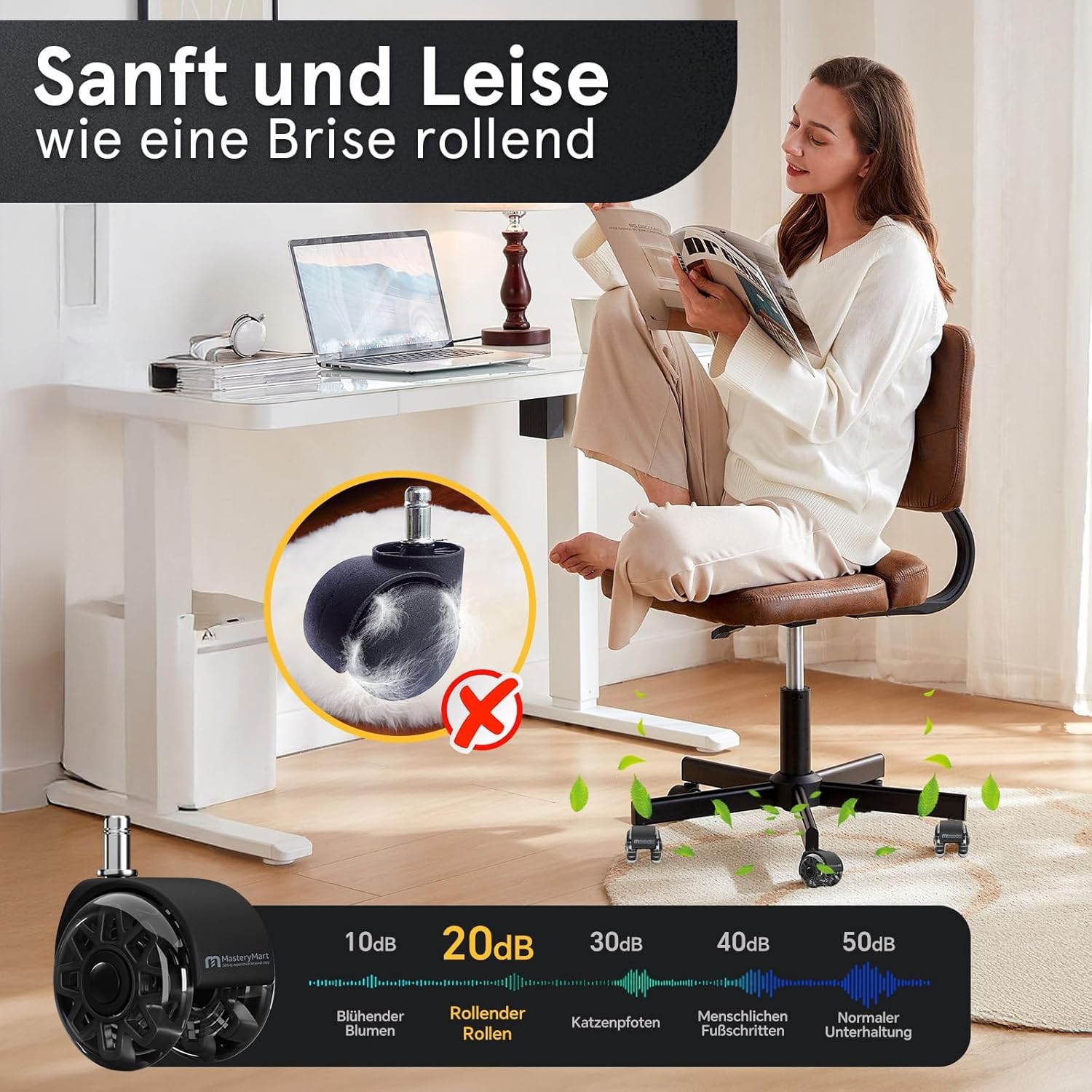 Thumbnail 3 de Mastery Mart Set di 5 ruote per sedie da ufficio, 11 mm, 70 mm, ruote per pavimenti duri, compatibilità 98% e protezione del parquet