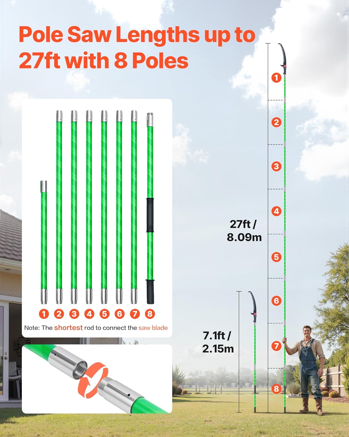 Thumbnail 1 de VEVOR Scie à Élaguer Extensible 8 Sections – Lame 65Mn, 2,15–8,09 m, avec 8 Perches Fibre de Verre