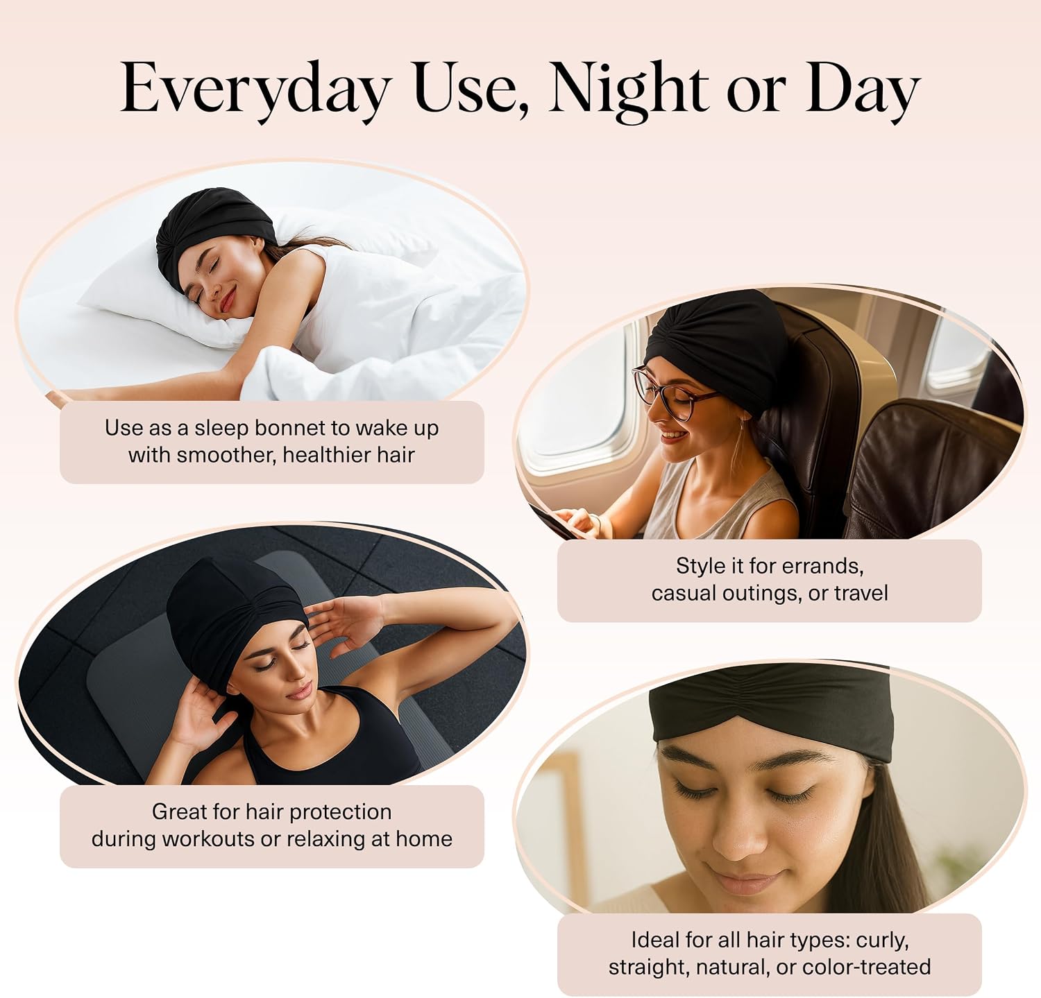 Thumbnail 5 de Kitsch Satin Lined Beanie for Sleeping, Black with Breathable Jersey Exterior