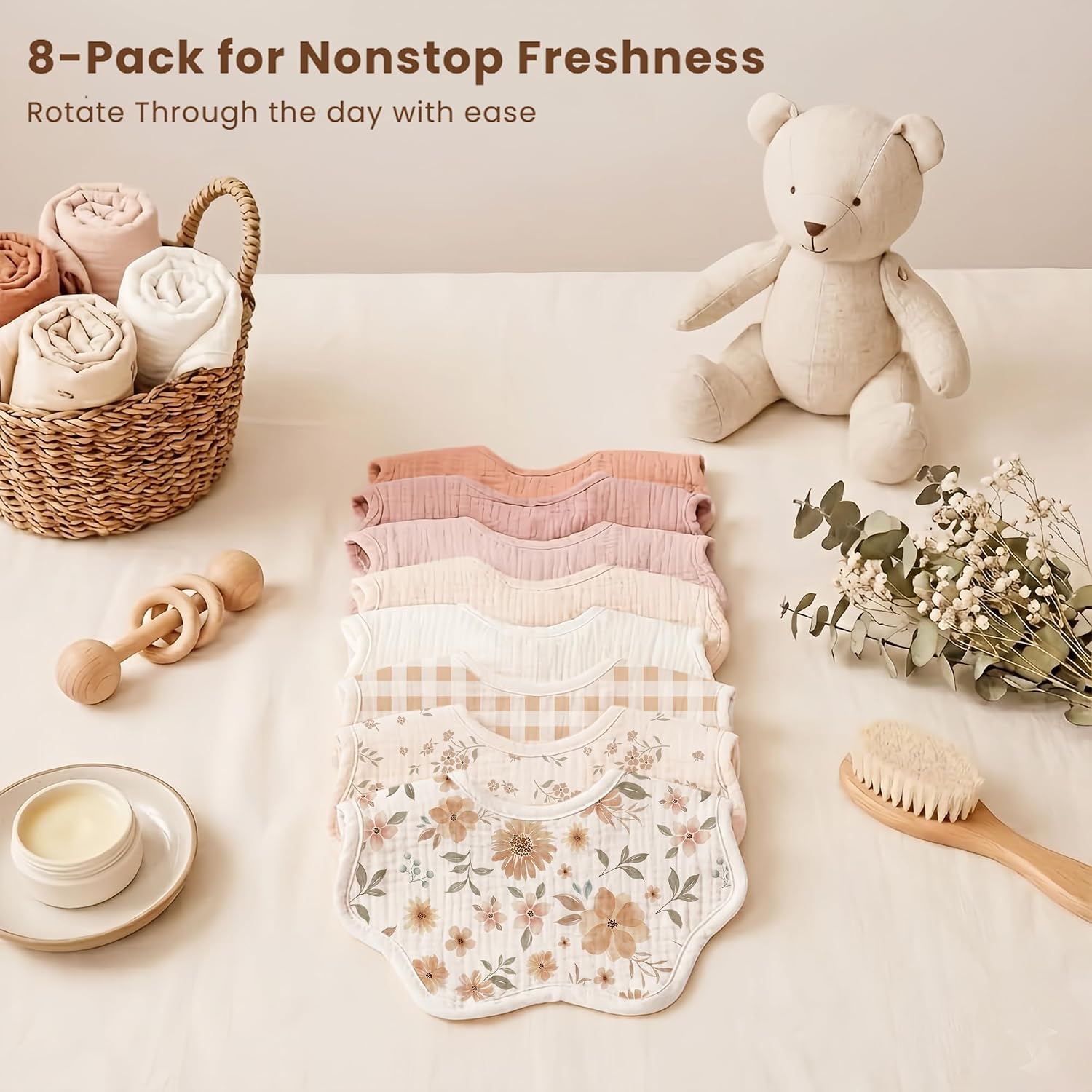 Detalle 2 de Konssy 8-Pack Muslin Baby Bibs, 100% Cotton, Floral, Adjustable Snaps