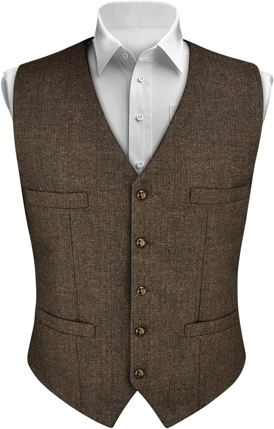 Detalle de AUYAO tweed herenvest met visgraatmotief, V-hals en knoopsluiting