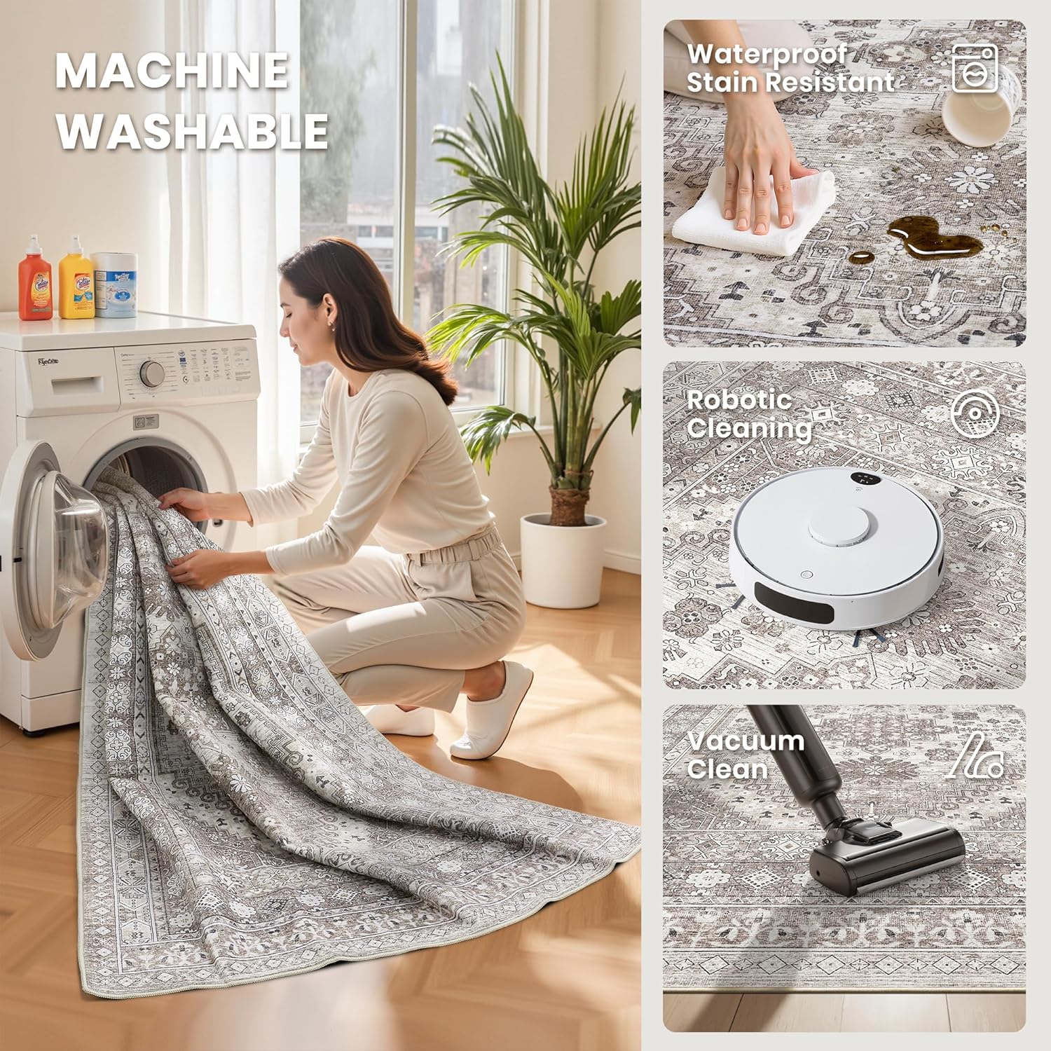 Thumbnail 4 de Zesthome 10x12 Area Rug – Stain Resistant, Washable, Ultra-Thin Non-Slip Living Room/Bedroom Rug (Brown/Beige)