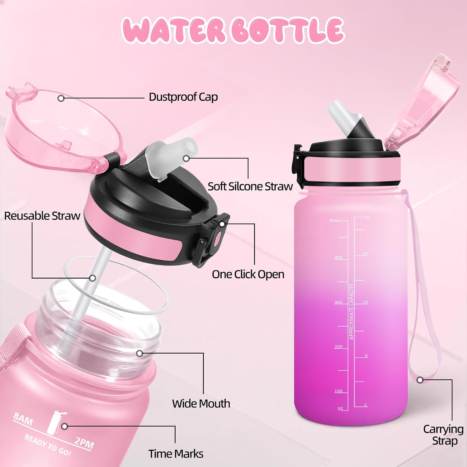Thumbnail 2 de Mulbijeo Trinkflasche 500ml mit Zeitmarkierung und Strohhalm – auslaufsicher und BPA-frei