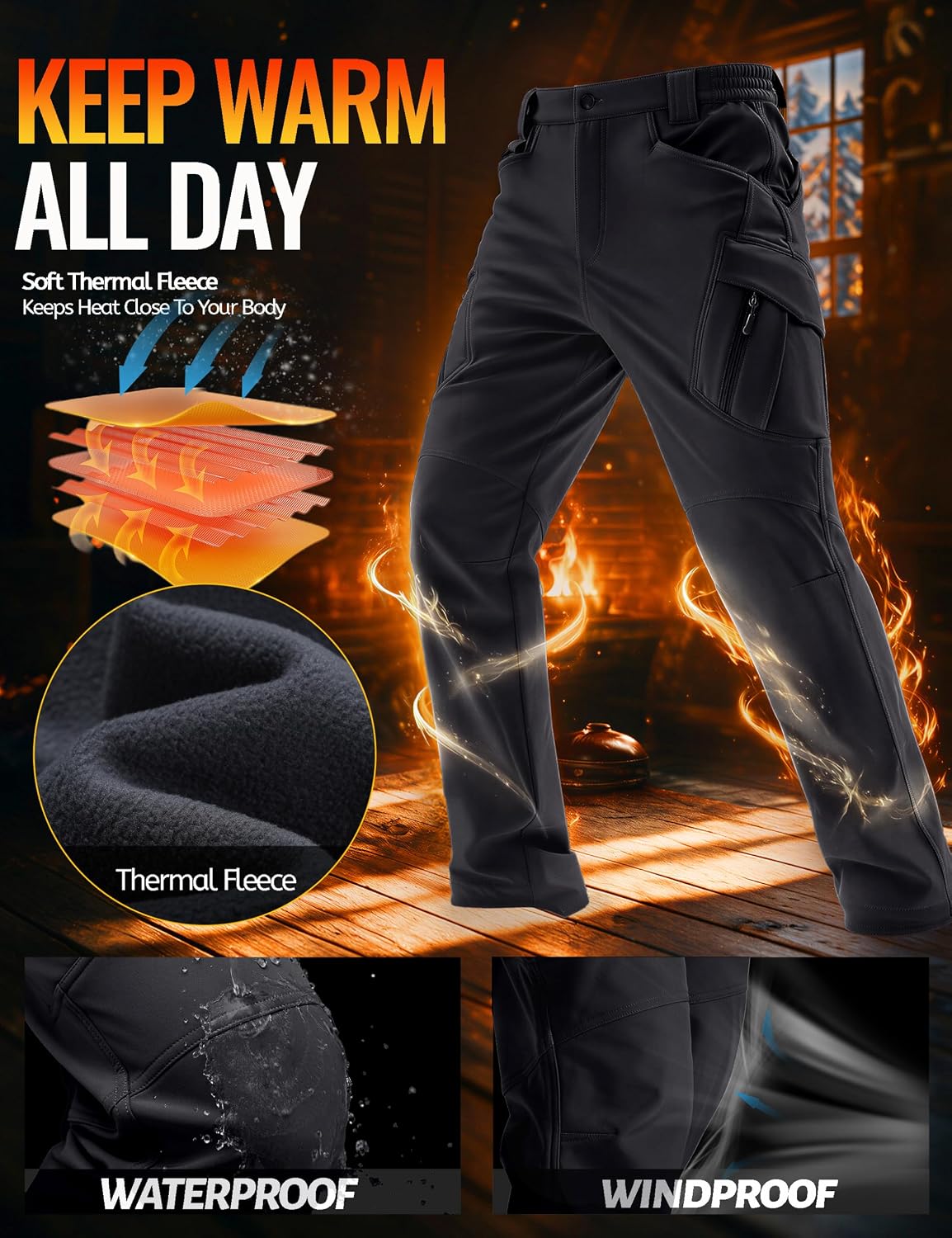 Detalle de TACVASEN Men's Winter Softshell Pants, Fleece-Lined, Water-Resistant, 8 Pockets