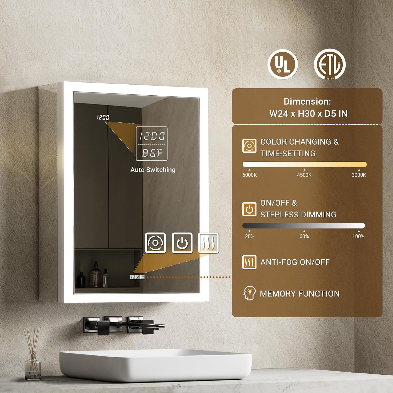 Detalle de QueenFun 111 Lighted Medicine Cabinet, 24 x 30, Dimmable LED Mirror