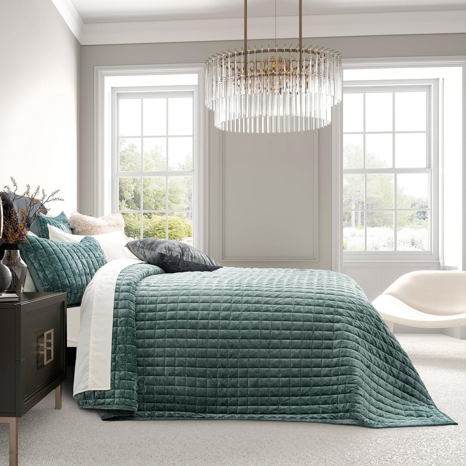 Thumbnail 2 de RECYCO Luxury Velvet Quilt Set (Twin/Twin XL) in Aqua Green with Matching Pillow Sham