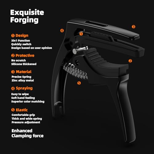 Detalle de TANMUS Guitar Capo 3in1: Metal Capo with Pin Puller, 360° Pick Holder and Soft Touch
