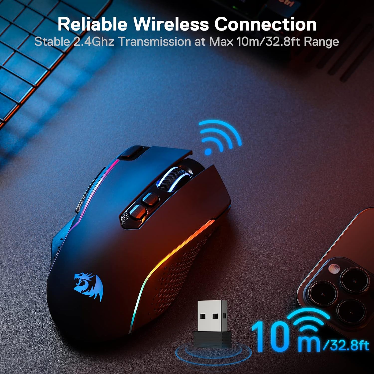 Detalle de Redragon M810 Pro Gaming-Maus (kabelgebunden & kabellos) mit 10.000 DPI, 8 Makrotasten und RGB
