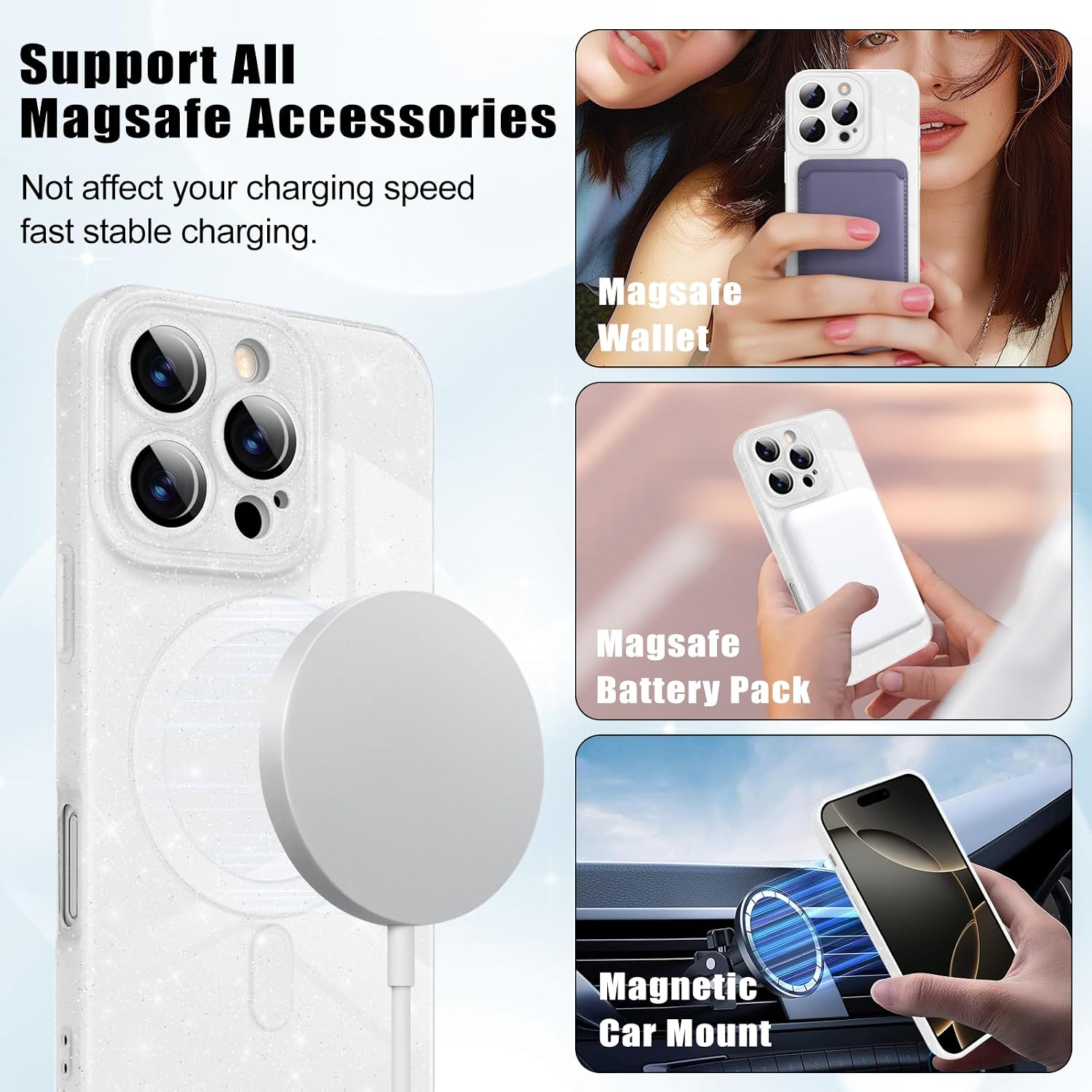 Detalle de Newseego Glitzer Hülle für iPhone 16 Pro (6,3 Zoll) – MagSafe-kompatible TPU-Schutzhülle in Weiß