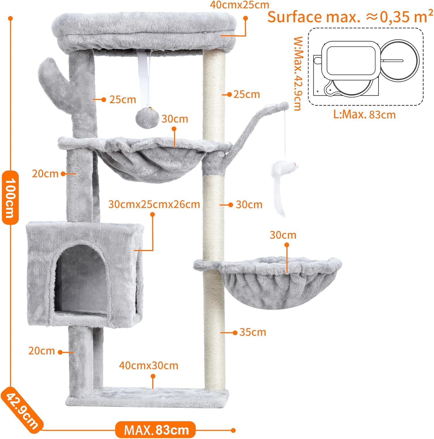 Thumbnail 5 de Heybly Cat Tree, 100 cm Tower Condo with Cat Scratching Post – Indoor Cat Playground