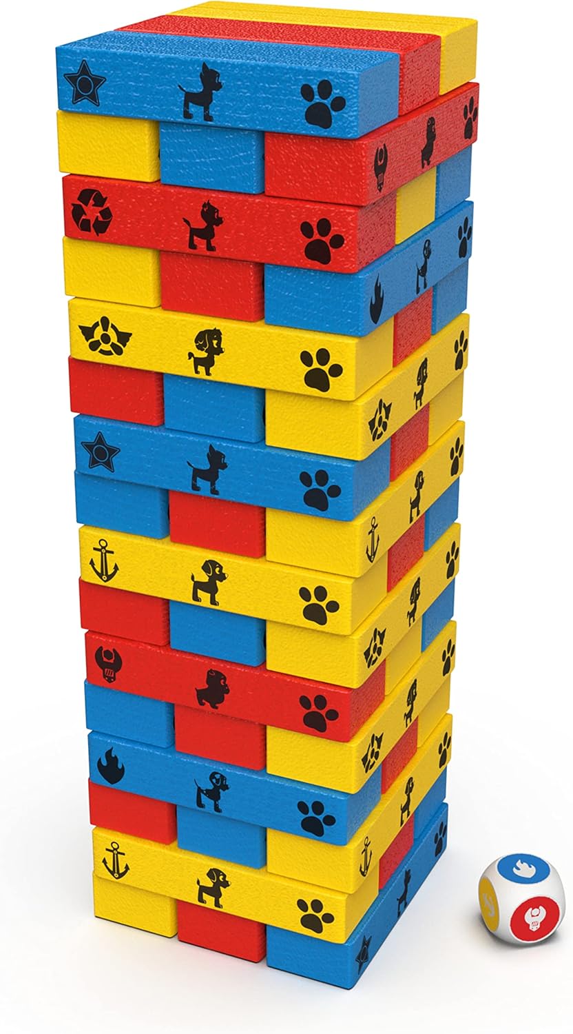 Detalle de Paw Patrol Pat Patrouille – Tour Infernale : jeu de société d’équilibre à construire (48 blocs et 1 dé)