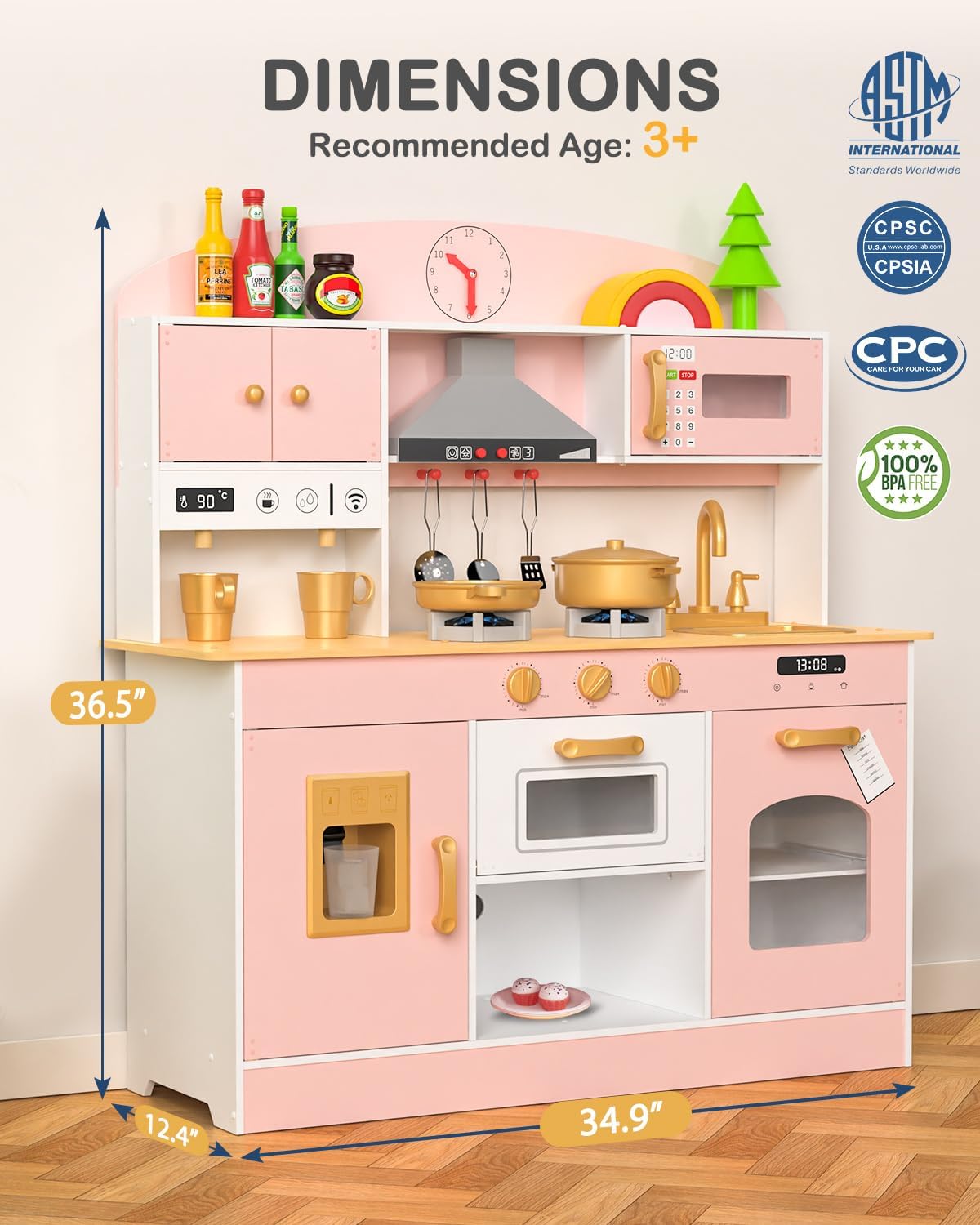 Detalle de Babytronic Wooden Play Kitchen Set (Pink) for 3+ | Lighted stove, oven, microwave & 31 accessories