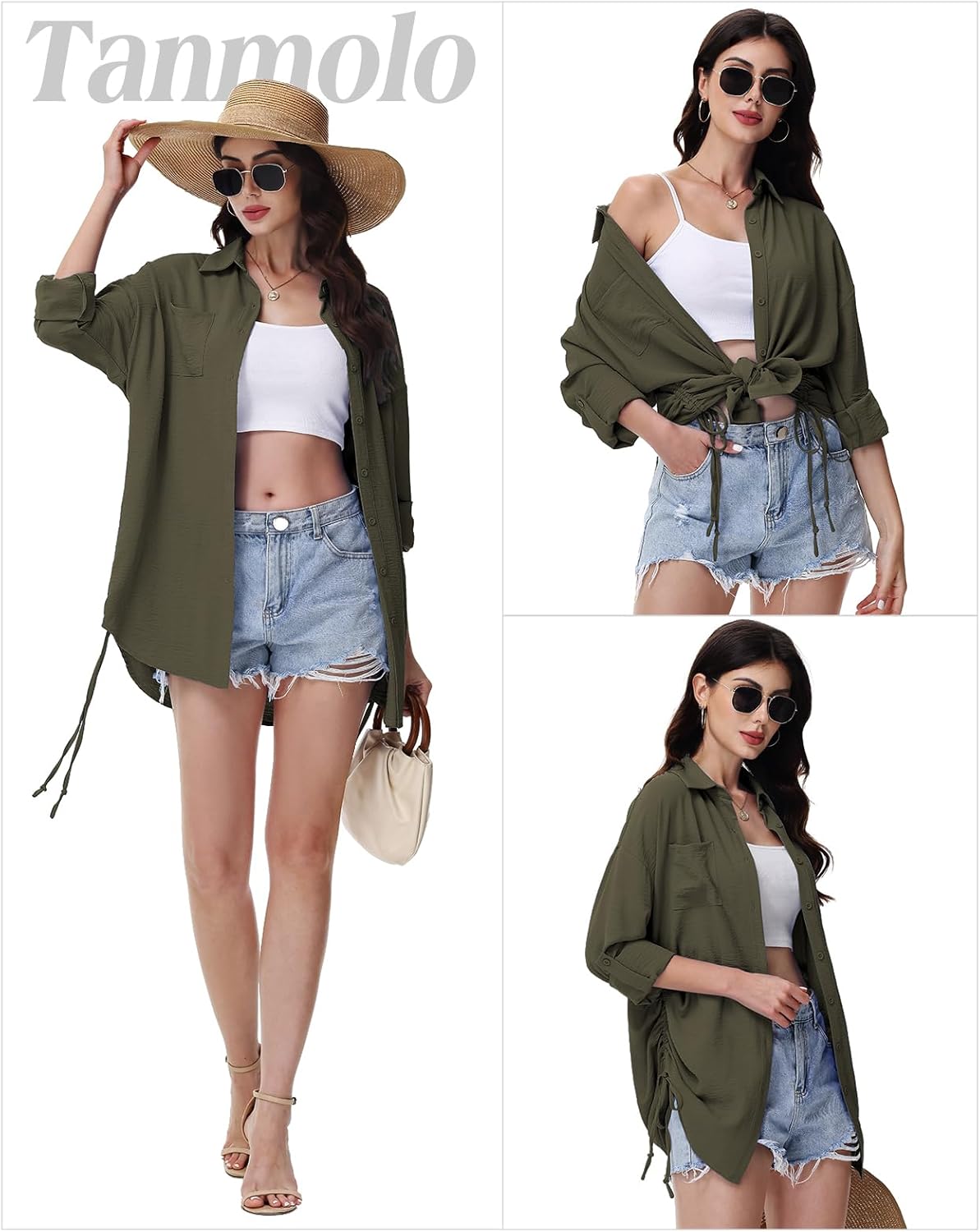 Thumbnail 4 de Tanmolo Damen Longbluse mit V-Ausschnitt – lockeres Hemdbluse-Layer mit Kordelzug